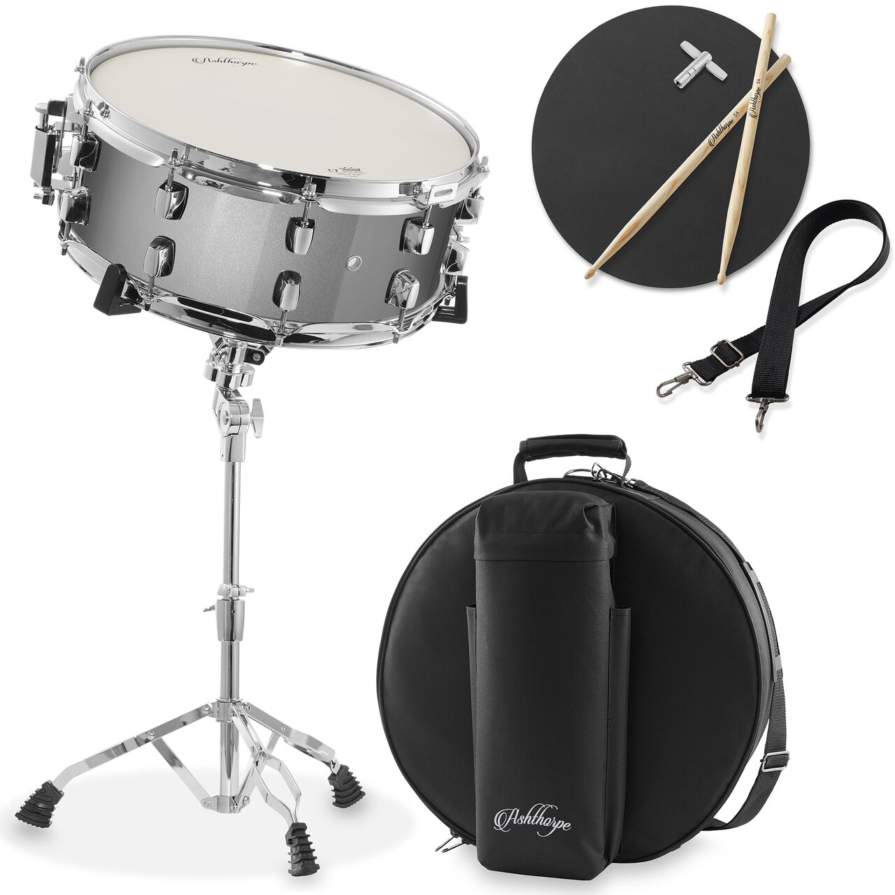 Ashthorpe Snare Drum Set with Remo Head - Student Beginner Kit with Stand, Padded Gig Bag, Practice Pad, Neck Strap, and Sticks